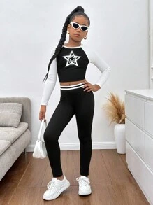 SHEIN Leggings casuales de cintura para niña preadolescente con parches en contraste de color negro y blanco