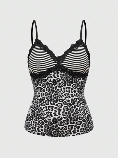 J-Fashion Damen Große Größen Y2K gestreiftes & Leoparden-Muster Patchwork Spitzen-Trägerhemd