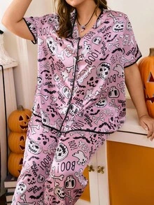 Chillnights Plus Size Halloween Element Printed Mock Neck Loungewear Pajama Set - Pink - View 7