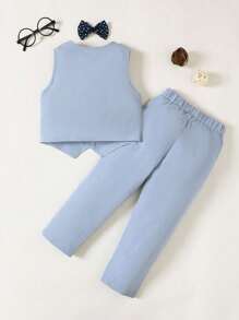 SHEIN 年轻男孩多件套绅士正装套装 - 背心、领结、裤子，非常适合婚礼、婚礼宾客、花童、戒童，秋冬 - 藍色 - 查看 2