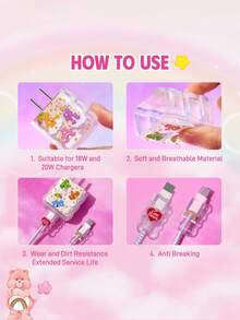 SHEIN X Care Bears Data Cable Protective Cover, Compatible With IPhone Charger, Bear Printing Pattern, 3 Pieces Set Protector, Charger Protector (Excluding Data Cable) - Clear - View 4