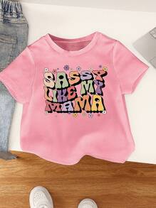 Top estivo a maniche corte con scollo rotondo per bambina con stampa di lettere - Rosa - Visualizzare 1