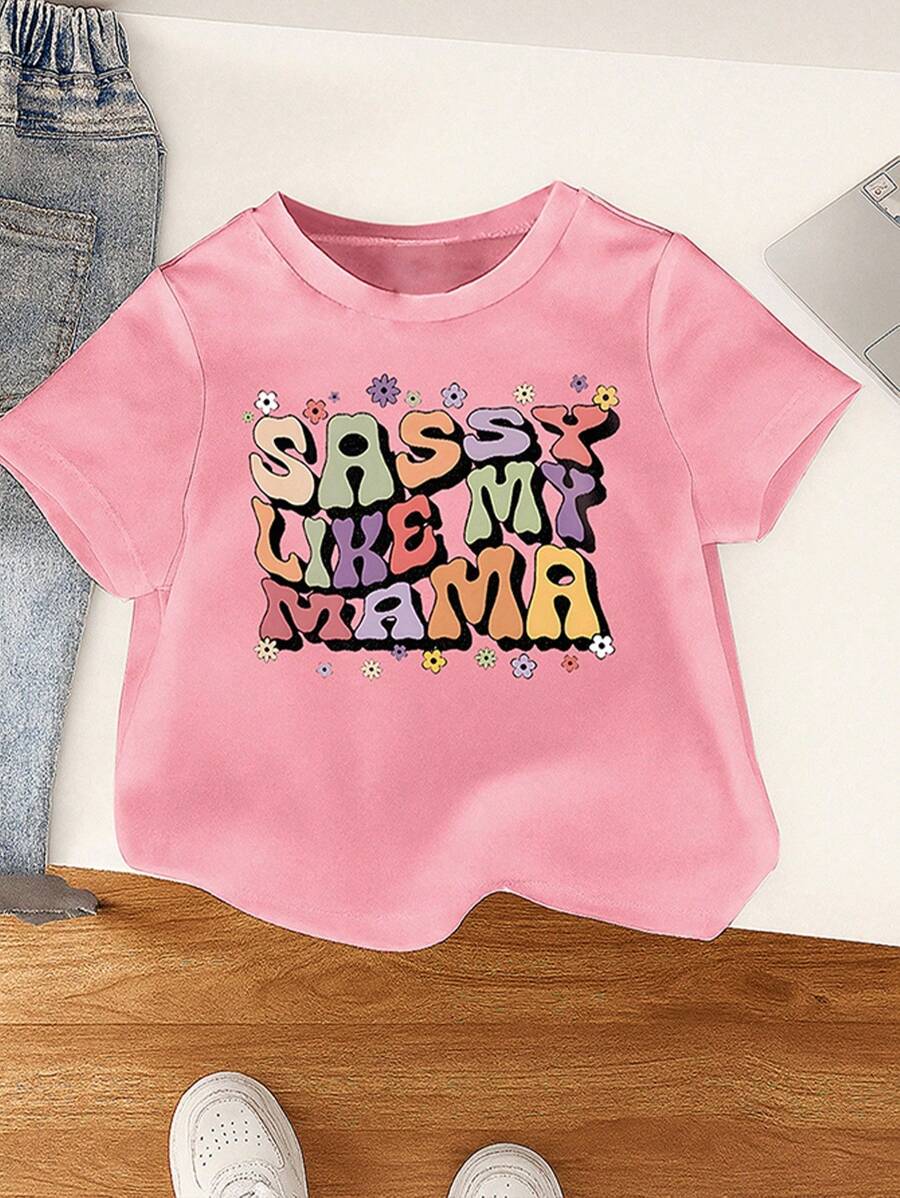 Top estivo a maniche corte con scollo rotondo per bambina con stampa di lettere - Rosa - Visualizzare 1