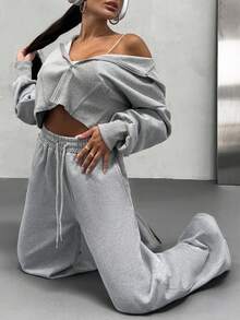 EURMUSE Casual Matching Solid Color Hoodie & Sweatpants Set - Grey - View 5