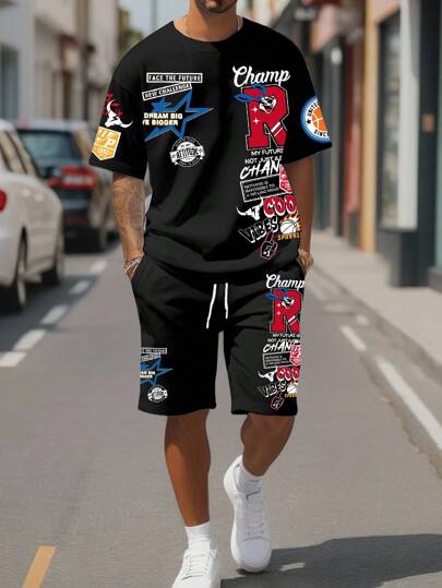 Manfinity Homme 男士休闲字母印花圆领短袖 T 恤和短裤套装，夏季舒适服装