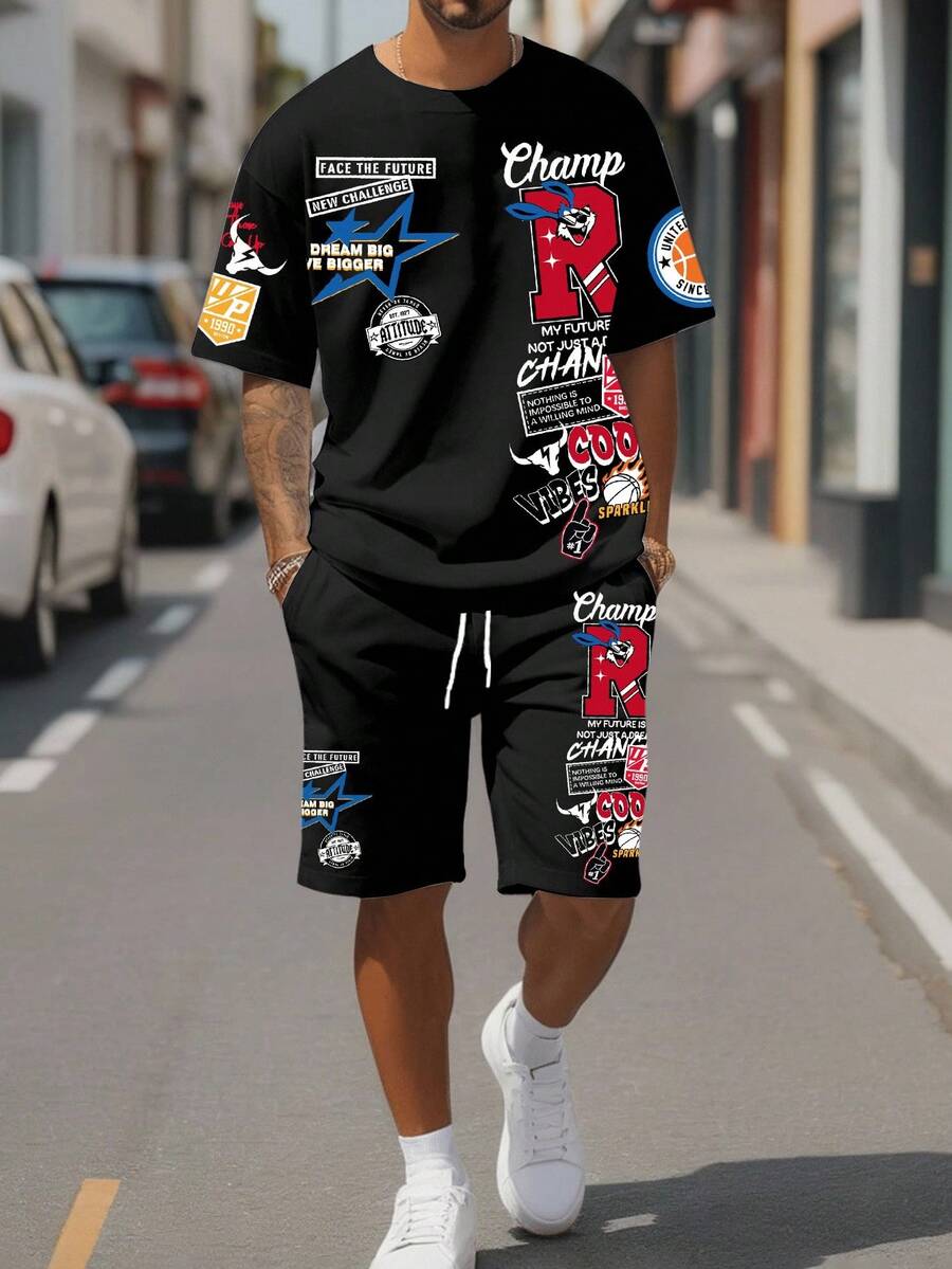 Manfinity Homme 男士休闲字母印花圆领短袖 T 恤和短裤套装，夏季舒适服装 - 黑色 - 查看 1