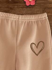 Baby Girl Cute Minimalist Hand-Drawn Heart Pattern Beige Knit Soft Hooded Loose Fit Long Sleeve Sweatshirt And Pants Set, Suitable For Autumn/Winter Fall - Khaki - View 5