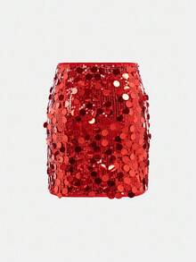 SHEIN Girlism 青少年女孩纯色串珠休闲紧身迷你裙 - 紅色 - 查看 2