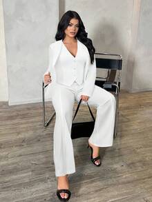 SHEIN SXY 三件套：深蓝色长袖西装外套、马甲和长裤，性感通勤约会套装，适合秋冬季、商务、复古、派对、度假、外出、老钱、妩媚动人、舞会、情人节、邮轮旅行、通勤、层次感丰富的搭配、约会之夜、聚会、极简主义、生日、正式场合、假期、休闲、端庄、时尚、休闲、购物、街头风、外出等场合。女士套装 白色西装 白色西装外套套装 秋季 - 白色 - 查看 5