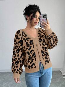SHEIN Elenzya 女式豹纹撞色蝴蝶结休闲灯笼袖V领开衫，秋冬 - 駝色 - 查看 3