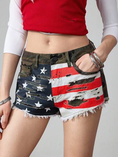 ROMWE Avant Retro American Flag & Camouflage Print Distressed Super Short Shorts