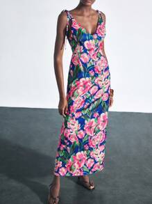 Maija 优雅花卉印花缎面连衣裙，适合海滩、音乐节、婚礼宾客、早午餐、波西米亚风格、女士生日装、秋冬 - 粉色 - 查看 2