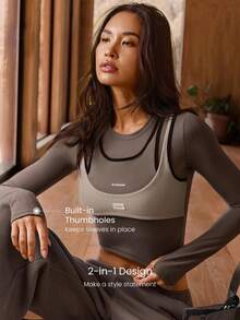 GLOWMODE FeatherFit™ Double-Take Soft Stretchy Contrast Color Trim 2 In 1 Long-Sleeve Tee Top Low Impact Yoga Pilates Studio Gym Daily Casual Wear Fall Winter