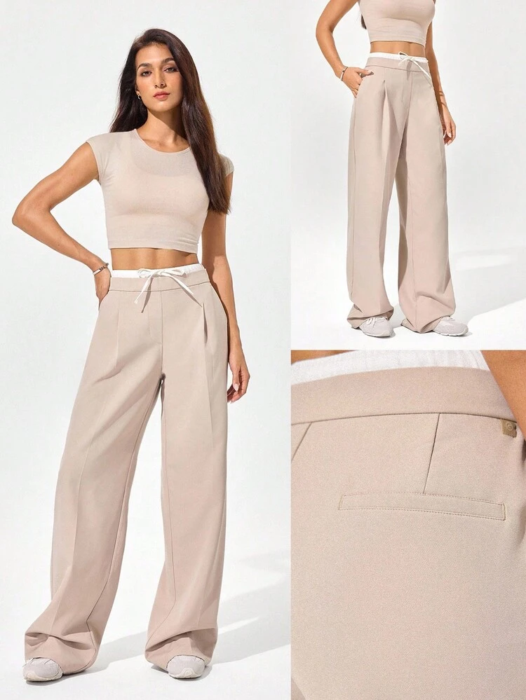 Pantalones de trabajo con cierre de cremallera lateral, bolsillos, cintura ajustable con cordón, de doble capa, resistentes a las arrugas y transpirables, con pinzas planchadas para uso diario, casual y de oficina