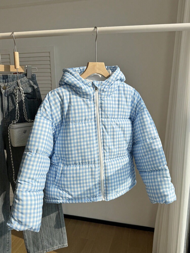 女童保暖连帽格子宽松棉服外套，适合寒冷的冬天 - 藍色 - 查看 1