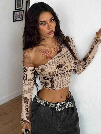Coolane Women's Autumn Festival Western Street Wear Y2k Newspaper Pattern Stretchy Asymmetrical Neck Long Sleeve Crop Tops See-Through Night Out Beige