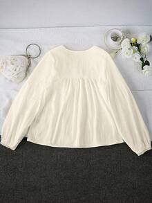 SHEIN Áo cánh dài tay màu trắng viền ren cho nữ, trang phục thường ngày thanh lịch cho kỳ nghỉ - Màu be - Xem 2