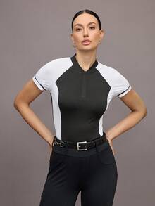Activina 女式训练服 对比色透气拉链短袖马术服 - 黑與白 - 查看 4