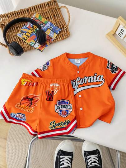 SHEIN Newborn/Infant Unisex Letter Graphic Contrast Color Round Neck Short Sleeve Cardigan And Shorts Casual 2Pc Sport Outfit, Soft And Comfortable For Outdoor Activities, Summer