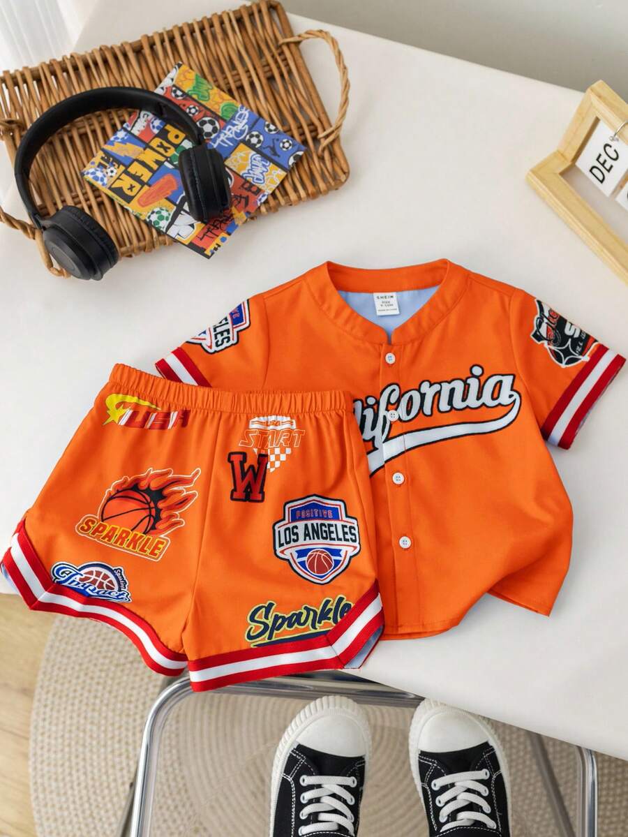 SHEIN 新生儿/婴儿男女通用字母图案撞色圆领短袖开衫和短裤休闲两件套运动服，柔软舒适，适合户外活动，夏季