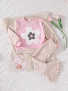 SHEIN Playful Pals Kleine Mädchen Set aus kontrastfarbigem Top mit Blumenstickerei und weiter Hose - Verschiedenfarbig - Übersicht 6
