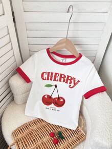 SHEIN Leap Crew 复古美国樱桃印花，青少年女孩修身休闲简约舒适圆领短袖 T 恤，适合夏季