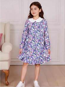 Girls' Cute Ditsy Floral Soft Flowing Peter Pan Collar Long Sleeve Dress With Ruffle Hem - Multicolor - View 1