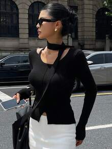 DAZY Women's Ribbon Trim Long Sleeve Crew Neck Fitted Sweater Fall - Black - View 4