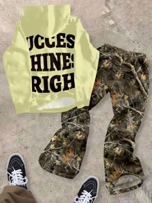 SHEIN 男孩多色街头风连帽衫和裤子套装，带有全植物印花和圆领，女孩迷彩服迷彩裤套装成功图案 T 恤迷彩运动裤，青少年休闲宽松连帽衫和裤子两件套，适合秋冬季 - 彩色 - 查看 3