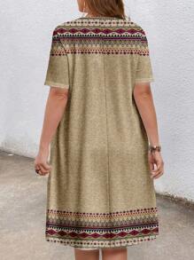 EMERY ROSE Plus Size Feather Print Vacation Dress, Suitable For Summer,Beach Dress Sundress,Holiday Outfits Boho Suitable For Going Out Chic Dress,Spring - Apricot - View 2