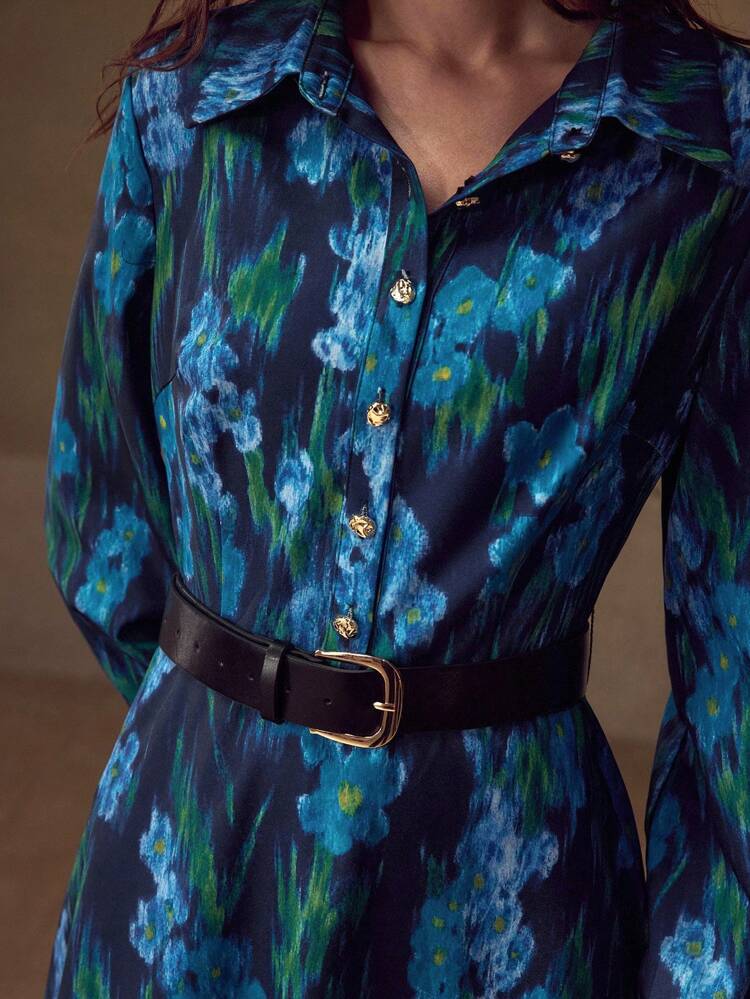 ALLOVER FLORAL PRINT LANTERN SLEEVE BELTED SHIRT DRESS