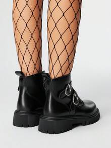 ROMWE 女士哥特朋克金属铆钉心形搭扣魔术贴厚底高跟5厘米时尚休闲踝靴，PU皮革，学院风 - 黑色 - 查看 5