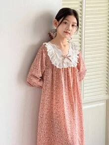 Tween 女童碎花 V 领长袖宽松休闲睡袍，度假休闲碎花长袖连衣裙 - 粉色 - 查看 4