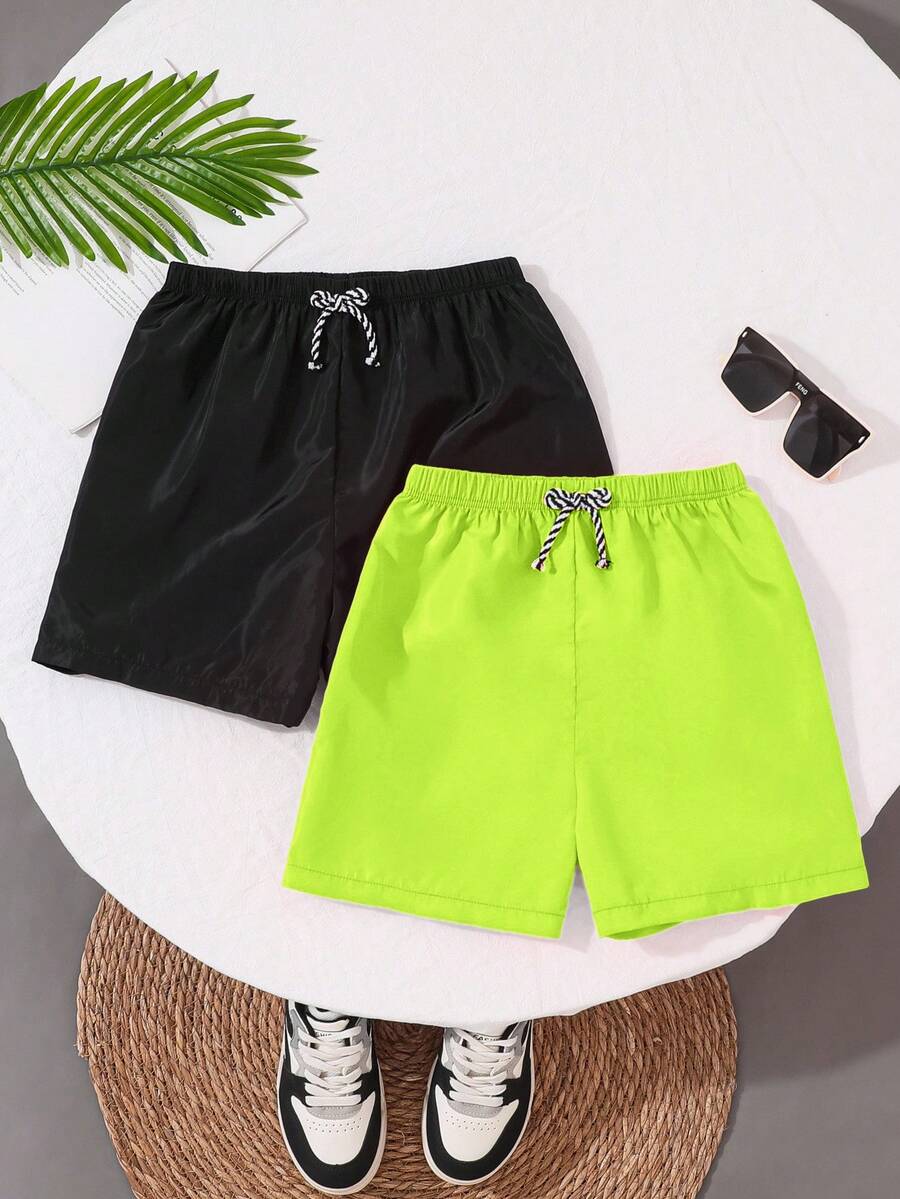SHEIN 2件套青少年男童纯色宽松梭织沙滩/泳裤,休闲度假 - 綠色 - 查看 1