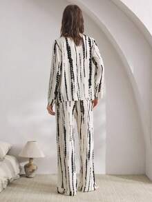 Ocili 舒适简约条纹女士睡衣套装，秋冬服装 - 黑與白 - 查看 3