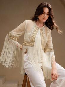 Anewsta Women's Regular Jacket With Tassel & Mesh Design - Apricot - View 7