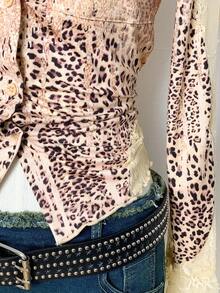 EgrlEra Chaqueta delgada con estampado de leopardo y parches de encaje para mujer - Multicolor - Ver 4
