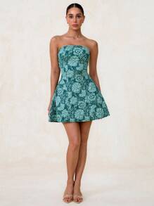 Glamine Gramin 女装粉色浪漫编织纹理立体花朵纹理露肩露背大蝴蝶结装饰可拆卸迷你抹胸A字下摆吊带连衣裙情人节爱情/恋人浪漫度假约会浪漫花朵面料