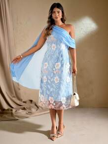 Roveilla Vestido midi de mujer talla grande elegante y romántico con cuello asimétrico bordado - Azul - Ver 3