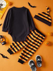 GARFIELD | SHEIN 3pcs Baby Boy Cute Halloween Pattern Round Neck Long Sleeve Bodysuit, Striped Long Pants, And Knit Hat Soft & Comfortable Set - Black - View 2