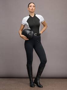 Activina 女式训练服 对比色透气拉链短袖马术服 - 黑與白 - 查看 3