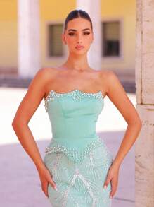 Glamrae Váy đuôi cá bằng vải satin đính kim sa và kim cương sang trọng, quyến rũ, thanh lịch, có đuôi, phù hợp cho đám cưới, tiệc tùng, dạ hội, sự kiện trang trọng (trang trí đậm) - Cỏ xanh - Xem 3