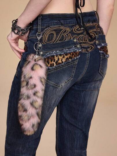 Grunge Punk 1pc Y2K Chic Retro Fashion High-Quality Pink Leopard Faux Fur Animal Tail DIY Keychain Bag Charm, Suitable For Women/Girls Daily Wear, Holiday Gift