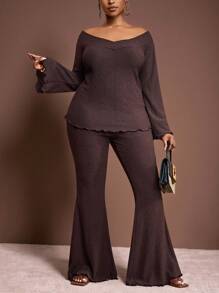 Veslaya 2025 春夏新款非洲度假女装，露肩休闲度假优雅海岛度假派对鸡尾酒通勤日常穿着，纯棕色高弹纹理上衣和松紧腰喇叭裤两件套，加大码 - 棕色 - 查看 1