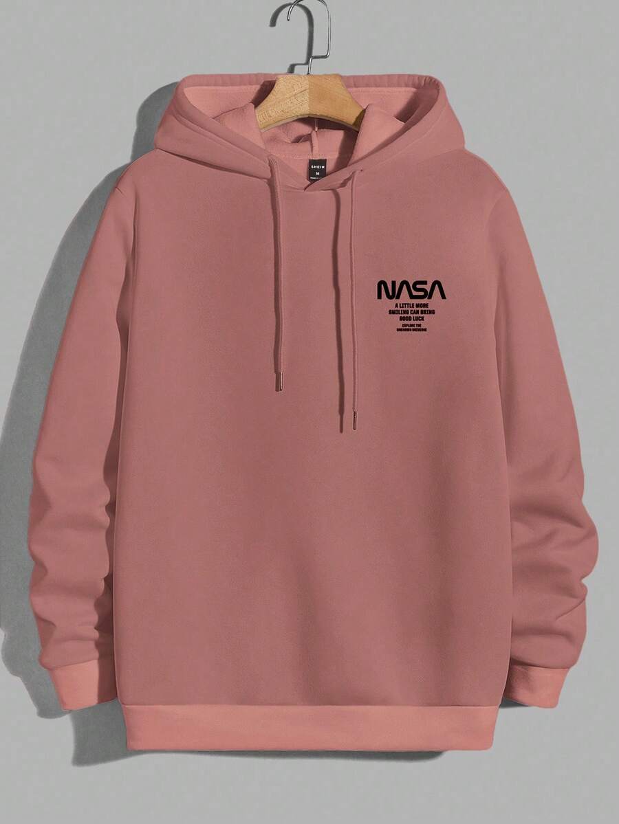 EURMUSE Hombres Capucha con estampado de letra con cordón - Rosa - Ver 1