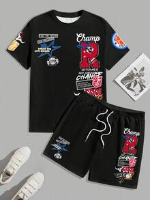 Manfinity Homme 男士休闲字母印花圆领短袖 T 恤和短裤套装，夏季舒适服装 - 黑色 - 查看 2