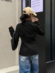 Muchica Women's Woven Solid Color Double-Breasted Casual Long Sleeve Trench Coat, Autumn,Fall - Black - View 2