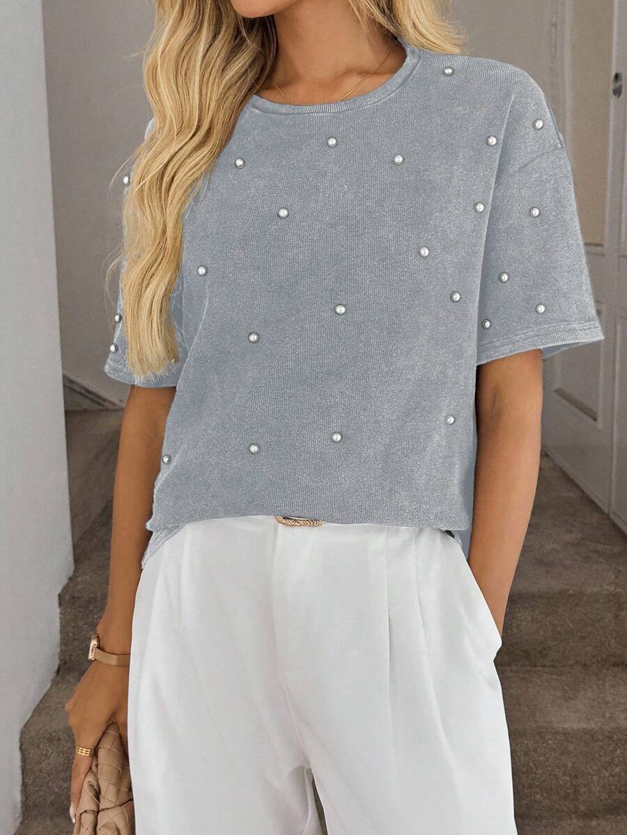 EURMUSE Áo thun trơn màu trơn vai trễ cỡ lớn đính sequin - Màu xanh nhạt - Xem 1