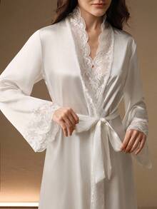 Anewsta Sexy Contrast Lace Long Robe, Women's Sleepwear, Valentine's Day Luxe Loungewear, Vacation, Winter - White - View 2