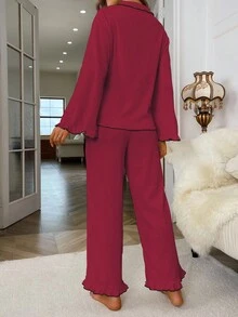 SHEIN Women's Elegant Dark Red Pajama Set,Long Sleeve Frill Trim Lapel Neck Single-Breasted Top And Pants 2 Piece Lounge Set For Autumn,Fall Winter Clothes - Burgundy - View 2
